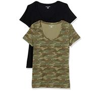 Amazon Essentials Women's Classic-Fit Short-Sleeve Scoop Neck T-Shirt (Available in Plus Size), Pack of 2, Black/Green Camo, X-Small