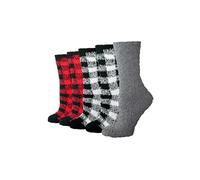 Amazon Essentials Women's Cosy Fuzzy Slipper Socks, Plush Sleep Socks, 5 Pairs, Red Multicolor, 2-9