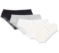 Amazon Essentials Women's Cotton and Lace Hipster Knickers, Pack of 4, Black/Light Grey Marl/White, 14