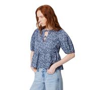 Amazon Essentials Women's Cotton Sateen Relaxed-Fit Peplum Blouse, Navy Powder Blue Leafy Ditsy, Large