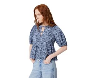 Amazon Essentials Women's Cotton Sateen Relaxed-Fit Peplum Blouse, Navy Powder Blue Leafy Ditsy, Large