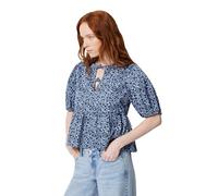 Amazon Essentials Women's Cotton Sateen Relaxed-Fit Peplum Blouse, Navy Powder Blue Leafy Ditsy, X-Small