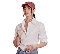 Amazon Essentials Women's (Demi's Pick) Modern Oversized-Fit Cropped Cotton Stretch Poplin Button-Down Shirt, Bright White, S