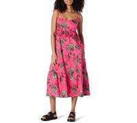 Amazon Essentials Women's Fit and Flare Cotton Sateen Empire Waist Ruffle Midi Dress, Hot Pink Red Leafy Floral, XXL