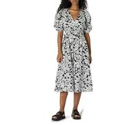 Amazon Essentials Women's Fit and Flare Cotton Sateen Puff Sleeve Midi Dress, V-Neck, Black Ivory Folk Floral, S