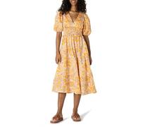 Amazon Essentials Women's Fit and Flare Cotton Sateen Puff Sleeve Midi Dress, V-Neck, Golden Yellow Beige Multi Folk Floral, XXL