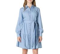 Amazon Essentials Women's Fit and Flare Denim Chambray Long-Sleeve Tiered Shirt Dress, Iced Blue Light Wash, XXL