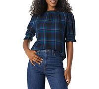 Amazon Essentials Women's Fluid Twill Short Puff Sleeve Smock Detail Shirt, Black Multi Chelsea Tartan, M