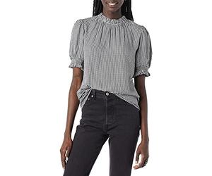 Amazon Essentials Women's Fluid Twill Short Puff Sleeve Smock Detail Shirt, Black White Mini Gingham, M