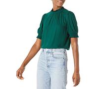 Amazon Essentials Women's Fluid Twill Short Puff Sleeve Smock Detail Shirt, Dark Green, XS