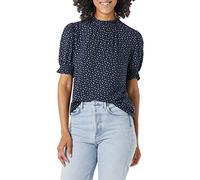 Amazon Essentials Women's Fluid Twill Short Puff Sleeve Smock Detail Shirt, Navy White Ditsy Print, XS