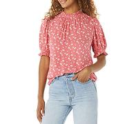 Amazon Essentials Women's Fluid Twill Short Puff Sleeve Smock Detail Shirt, Raspberry Red Floral, XS
