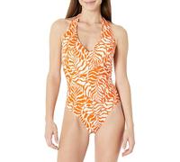 Amazon Essentials Women's Halter One Piece Swimsuit, Rust Orange Abstract Palms, 18