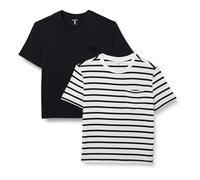 Amazon Essentials Women's Jersey Relaxed-Fit Short-Sleeve Crewneck Pocket T-Shirt, Pack of 2, Black/White French Stripes, M