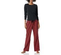 Amazon Essentials Women's Lightweight Flannel Pant and Long-Sleeve T-Shirt Sleep Set, Red/Black, Mini Buffalo Plaid, X-Large