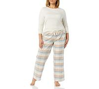 Amazon Essentials Women's Lightweight Flannel Trouser and Long-Sleeve T-Shirt Sleep Set, Dusty Blue Mix Plaid/Oatmeal Heather, XXS