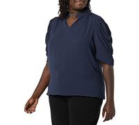 Amazon Essentials Women's Lightweight Georgette Half-Sleeved Ruffle Neck Woven Blouse, Navy, S