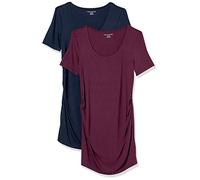 Amazon Essentials Women's Maternity Short-Sleeve Rouched Scoopneck T-Shirt, Pack of 2, Burgundy/Navy, XS