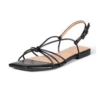 Amazon Essentials Women's Memory Foam Strappy Flat Sandals with Tubular Design, Black Faux Leather, 3 UK