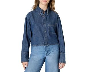 Amazon Essentials Women's Modern Oversized-Fit Cropped Denim Button-Down Shirt, Medium Blue Vintage, XXL