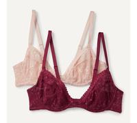 Amazon Essentials Women's Non-Padded Underwire Plunge Bra, Stretch Lace, Burgundy/Soft Petal, 34A