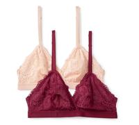 Amazon Essentials Women's Non-Padded Wireless Long-Line Triangle Bralette, Soft-Stretch Lace, Pack of 2, Burgundy/Soft Petal, XXS