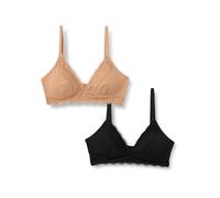 Amazon Essentials Women's Peached Microfibre with Lace Trim Lined V Neck Bralette, Pack of 2, Black/Washed Bronze, S