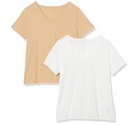 Amazon Essentials Women's Plus Size Short-Sleeve V-Neck T-Shirt, Pack of 2, White/Light Camel, 4XL Plus