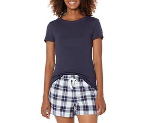 Amazon Essentials Women's Poplin Short and Sleep T-Shirt Set, Navy Plaid, M