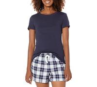 Amazon Essentials Women's Poplin Short and Sleep T-Shirt Set, Navy Plaid, XXL