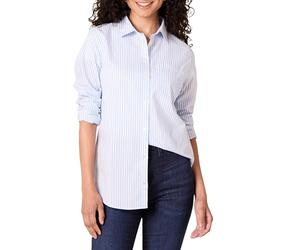 Amazon Essentials Women's Regular-Fit Long-Sleeve Button-Down Poplin Shirt, French Blue White Stripes, L