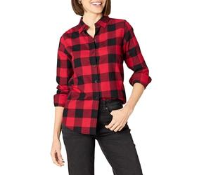 Amazon Essentials Women's Regular-Fit Long-Sleeve Lightweight Plaid Flannel Shirt, Red Buffalo Check, XS