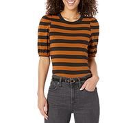Amazon Essentials Women's Regular-Fit Puff-Sleeve Crewneck T-Shirt, Black Brown Placed Stripe, L