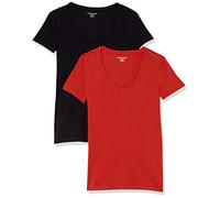 Amazon Essentials Women's Regular-Fit Short-Sleeve Scoop Neck T-Shirt (Available in Plus Size), Pack of 2, Black/Brick Red, M