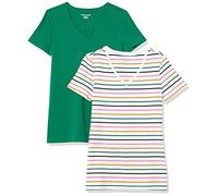 Amazon Essentials Women's Regular-Fit Short-Sleeve T-Shirt (Crewneck and V-Neck Options), Pack of 2, Green/White Stripes, S