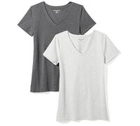 Amazon Essentials Women's Regular-Fit Short-Sleeve V-Neck T-Shirt, Pack of 2, Charcoal Heather/Light Grey Heather, XS