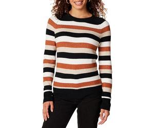 Amazon Essentials Women's Regular-Fit Soft Touch Long-Sleeve Crewneck Jumper, Black Brown Rugby Stripe, XS