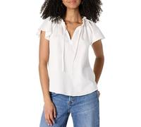 Amazon Essentials Women's Relaxed-Fit Cotton Sateen Ruffle-Neck Long-Sleeve Blouse, White, S