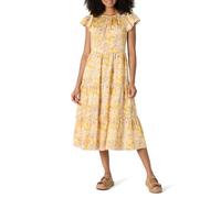 Amazon Essentials Women's Relaxed-Fit Cotton Sateen Tiered Midi Dress, Golden Yellow Beige Multi Folk Floral, L