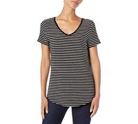 Amazon Essentials Women's Relaxed-Fit Short-Sleeved V-Neck Tunic (Available in Plus Size), Black White French Stripes, XS