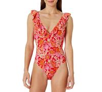 Amazon Essentials Women's Ruffle V-Neck One-Piece Swimming Costume, Bright Poppy Red Folk Floral, 20