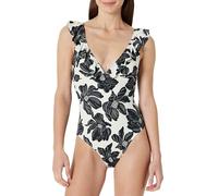 Amazon Essentials Women's ruffle v-neck one-piece swimsuit, Cream Black Floral, 18