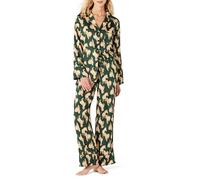 Amazon Essentials Women's Satin Pyjama Shirt and Bottoms Set, Dark Green Beige Zebra, L
