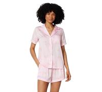Amazon Essentials Women's Satin Short Sleeve Button-Down Top and Short Sleepwear Set, Light Pink Roses, Medium