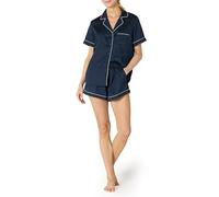 Amazon Essentials Women's Satin Short Sleeve Button-Down Top and Short Sleepwear Set, Navy, XS