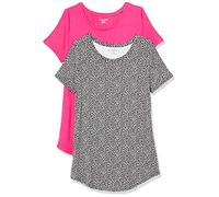 Amazon Essentials Women's Short-Sleeve Scoopneck Tunic, Pack of 2, Black Tulips/Bright Pink, L