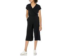 Amazon Essentials Women's Short-Sleeve Surplice Cropped Wide-Leg Jumpsuit with Elastic Waist, Black, L