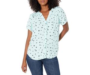 Amazon Essentials Women's Short-Sleeve Woven Blouse, Aqua Blue Poppy, Small