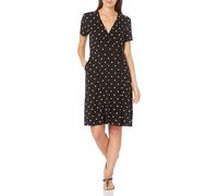 Amazon Essentials Women's Short-Sleeved Polka Dot Faux-Wrap Dress, Black Dots, XS