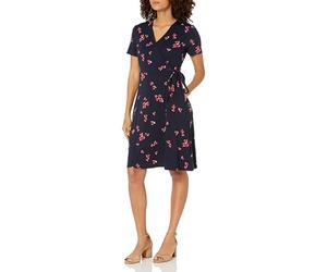Amazon Essentials Women's Short-Sleeved Polka Dot Faux-Wrap Dress, Navy Red Flowers, M